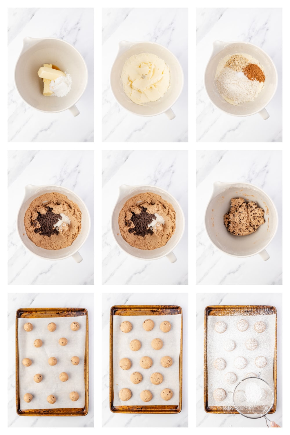 Step-by-step process of making the cookies. A nine-image collage showing the dough being mixed, shaped, baked, and finished with confectioners’ sugar.
