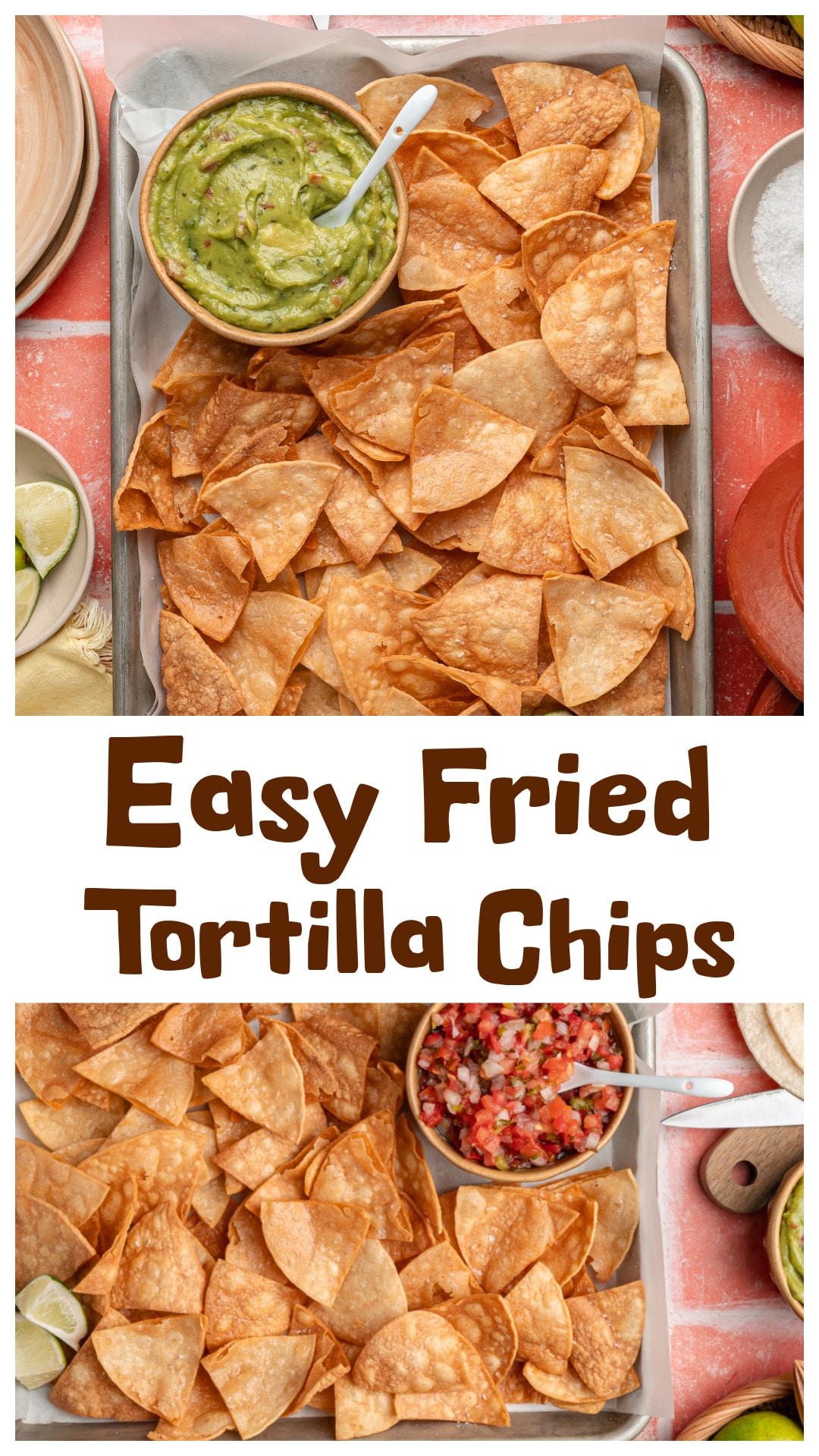 Easy Fried Tortilla Chips made with corn tortillas, canola oil, and salt. Fry the tortilla wedges in small batches at 350°F for 1 to 2 minutes until golden and crisp. Learn how to make homemade fried tortilla chips, keep the oil at the right temperature, and prevent greasy chips. Serve these fried corn tortilla chips with salsa, guacamole, queso, taco dip, or jalapeño popper dip. via @cmpollak1