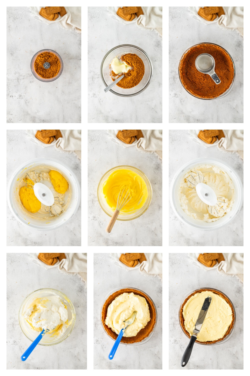 Step-by-step process showing the crust being mixed and pressed, the eggnog filling blended until smooth, whipped cream folded in, and the filling spread evenly into the prepared crust.