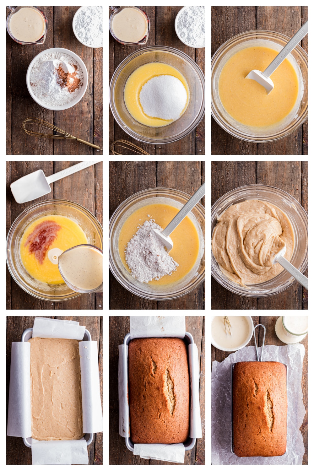 How to mix and bake eggnog quick bread step by step Step-by-step process showing eggnog quick bread batter being mixed, poured into a parchment-lined loaf pan, baked until golden, and cooled before glazing.
