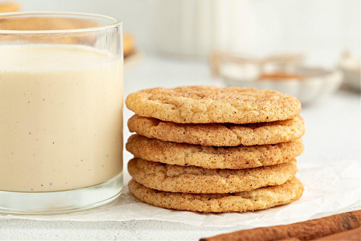 Close-up of cinnamon sugar snickerdoodle cookies with crackled tops baked until lightly golden.