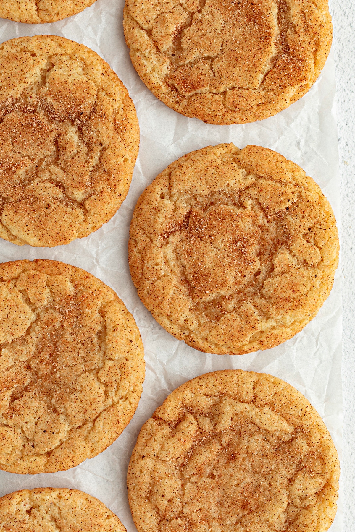 Stacked eggnog snickerdoodles drizzled with a thin vanilla glaze, showing soft centers and crisp edges.