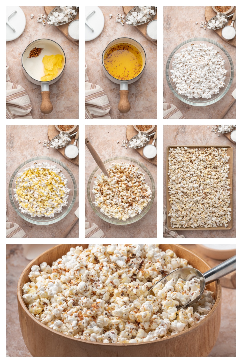 A step-by-step collage showing ghee melting with seasoning, popcorn in a bowl, the butter mixture being poured and stirred, the seasoned popcorn spread on a baking sheet, and the finished sweet and spicy furikake popcorn in a wooden bowl.