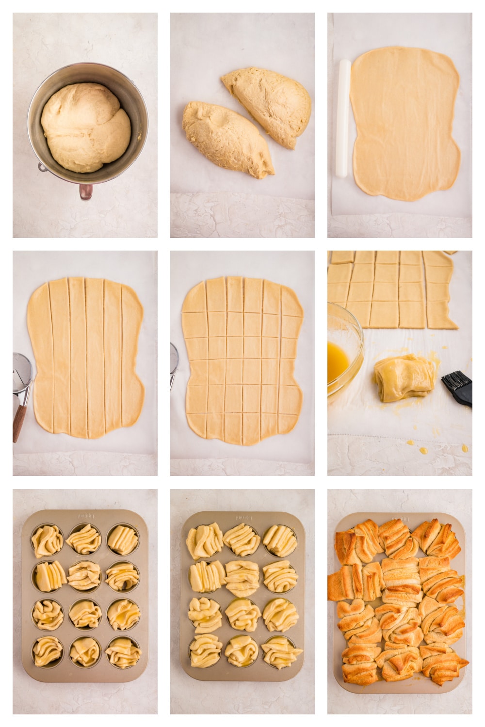 A visual walkthrough of shaping pull-apart rolls, from risen dough and rolled rectangles to stacked pieces in a muffin tin before and after baking. Step-by-step process showing dough rising, rolling, cutting, stacking, and baking pull-apart rolls in a muffin tin.