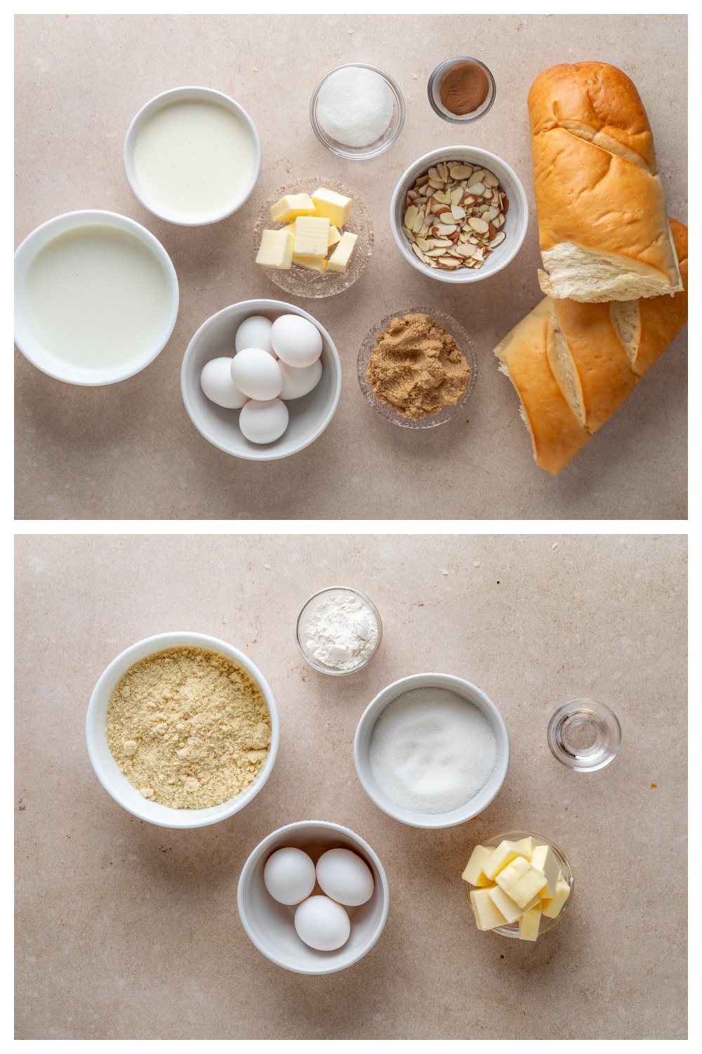 ingredients for almond cream bread pudding with marzipan