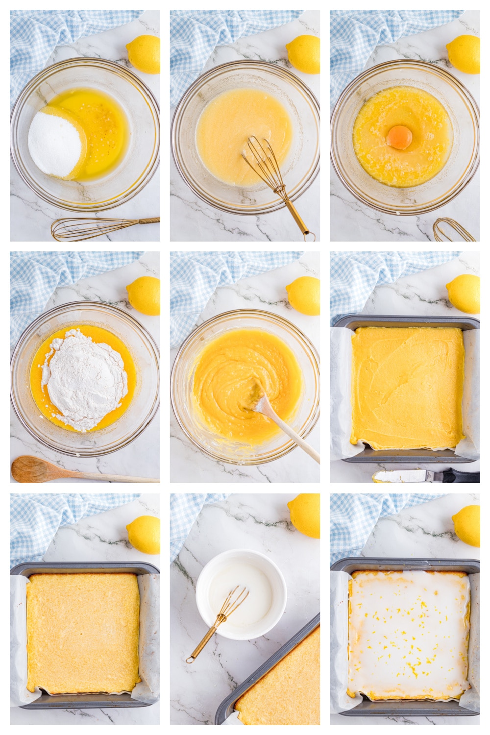 Visual steps for mixing, baking, and glazing lemon dessert bars from start to finish. Step-by-step process of making lemon dessert bars, showing mixing the batter, spreading it into a parchment-lined pan, baking, and glazing.