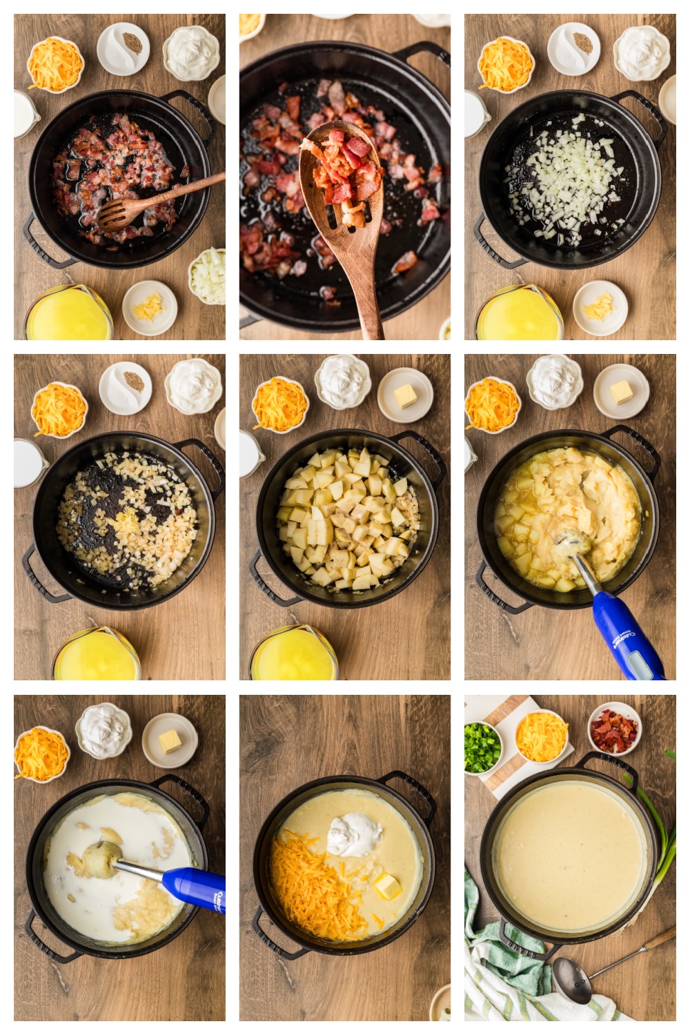 How creamy potato soup is made, showing bacon cooking, vegetables softening, blending, and finishing with dairy. Step-by-step process of making creamy potato soup, from rendering bacon and sautéing onions to blending the potatoes and stirring in dairy.