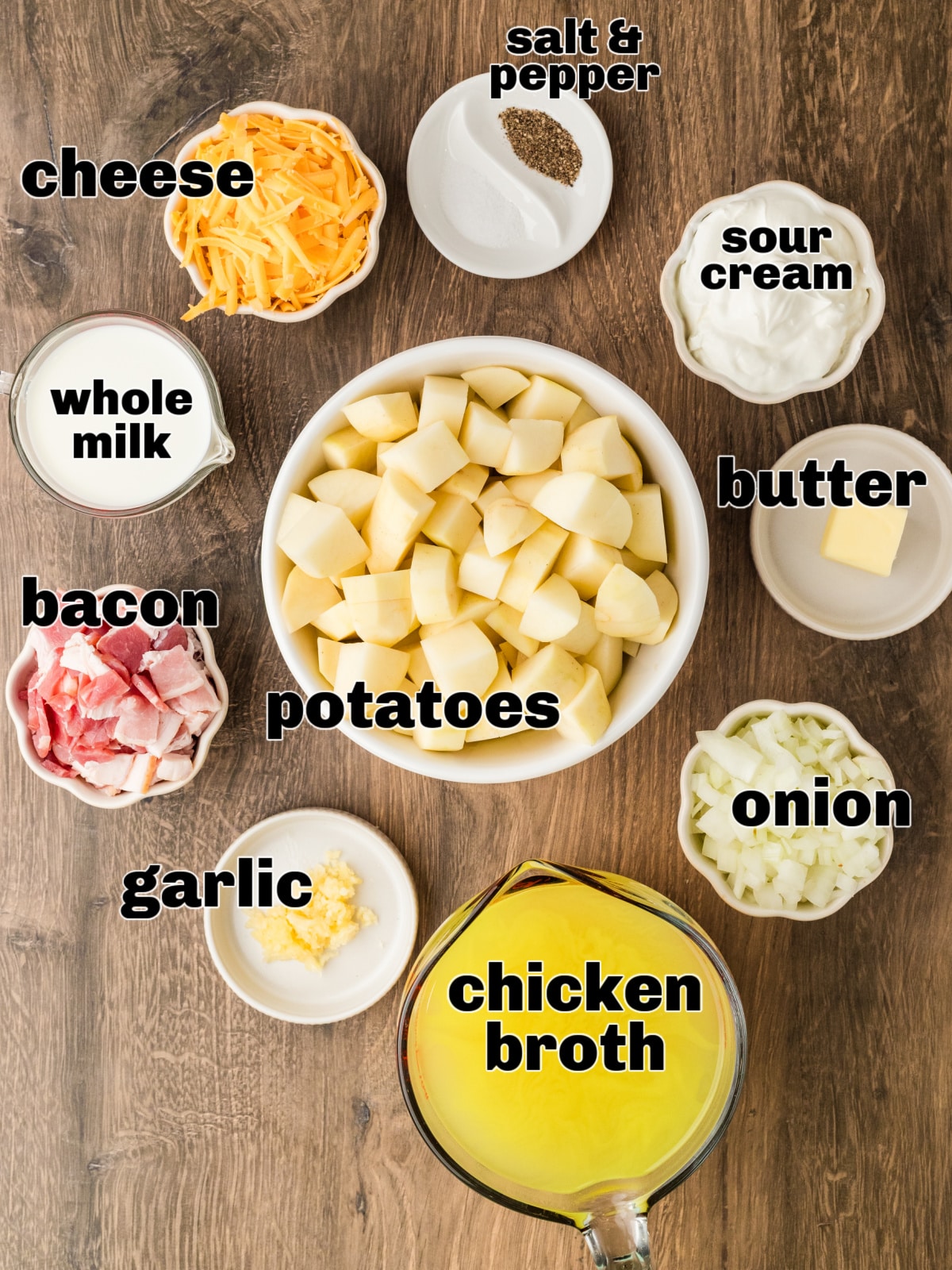 Potato soup ingredients laid out with potatoes, bacon, dairy, and seasonings ready to cook. Ingredients for potato soup arranged on a wooden surface, including cubed potatoes, bacon, onion, garlic, cheese, sour cream, milk, butter, and chicken broth.