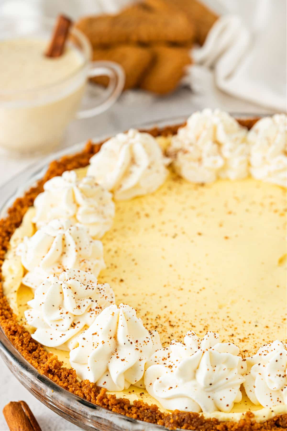 eggnog cream pie with piped whipped cream