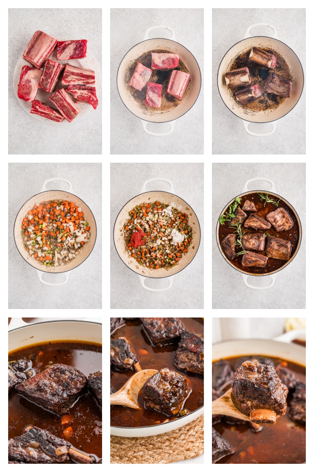 Process collage showing how braised beef short ribs are seared, cooked with aromatics, and slowly finished in sauce. Step-by-step process showing beef short ribs being seasoned, seared, simmered with vegetables and sauce, then returned to the pot to braise until tender.
