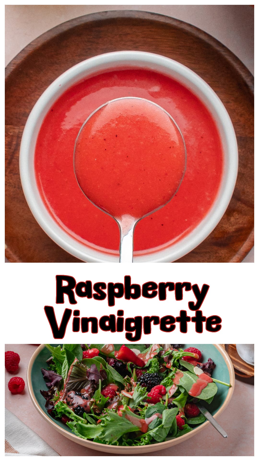 This easy raspberry vinaigrette is made with fresh or frozen raspberries, honey, white wine vinegar, and olive oil for a smooth, bright homemade dressing. Perfect for winter salads, holiday menus, and weeknight meals. Blend, strain if you prefer it seedless, and chill for the best flavor. Great on mixed greens, spinach salads, grain bowls, or goat cheese salads. A simple, vibrant raspberry salad dressing that adds color and freshness to any dish. via @cmpollak1