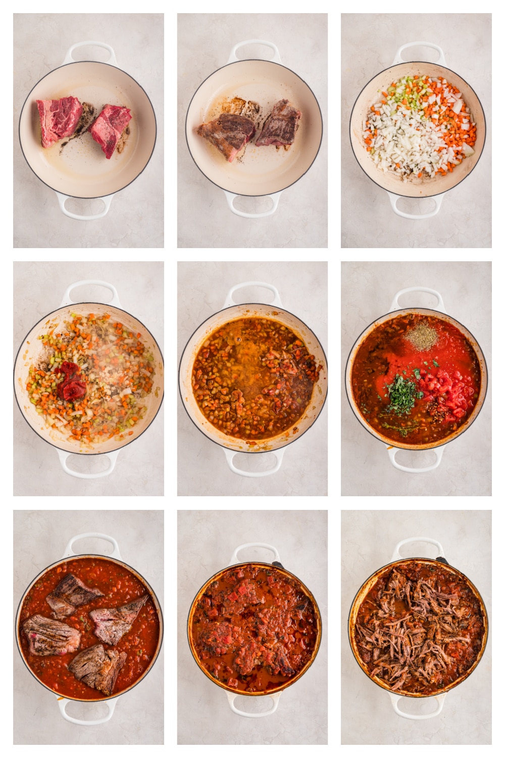 Step-by-step process images showing searing beef, softening soffritto, adding tomatoes and herbs, braising the sauce, and shredding the cooked beef for a hearty ragù.