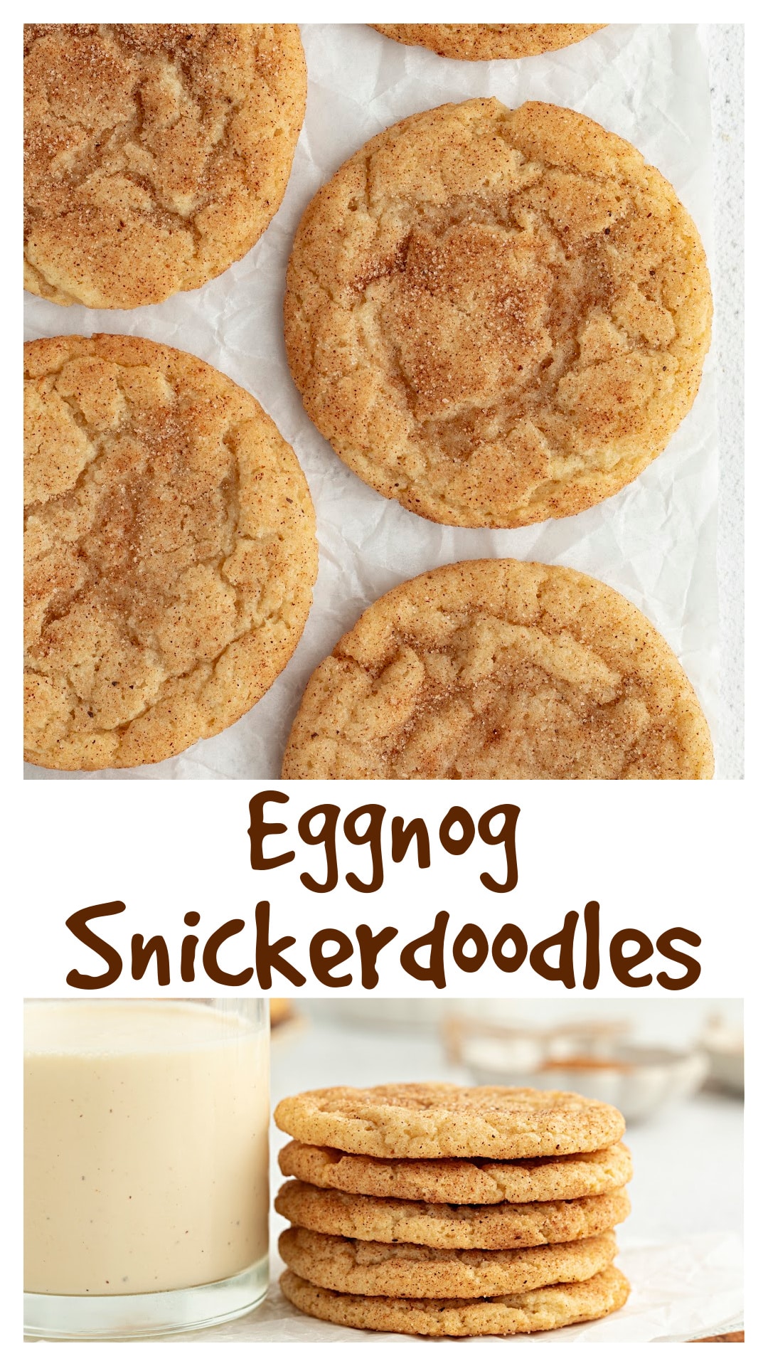 Eggnog snickerdoodles with soft centers, crackled tops, cinnamon and nutmeg. These cookies have the familiar tang of a classic snickerdoodle, with real eggnog and baked hot so they set fast and the centers stay tender. No chilling required if you like them thin and chewy. Finished with a spiced sugar coat and an optional eggnog glaze. They are perfect for holiday and cookie exchange parties. via @cmpollak1