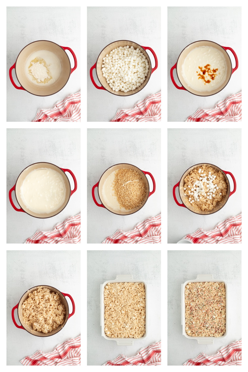 Step-by-step process showing butter and sugar cookie mix melted, marshmallows stirred in, cereal folded through, and the mixture pressed into a baking dish with sprinkles.