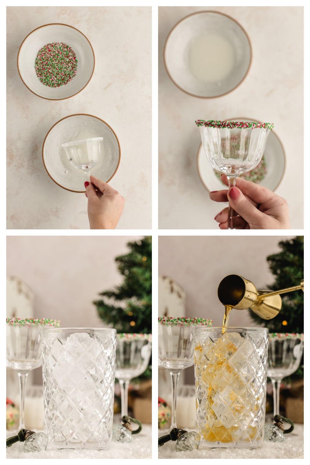 Process photos showing how to rim the glass and mix the ingredients for a creamy holiday martini. A step-by-step collage showing a glass being dipped in frosting and sprinkles, then filled shaker-style with ice and liqueur to prepare a festive holiday martini.