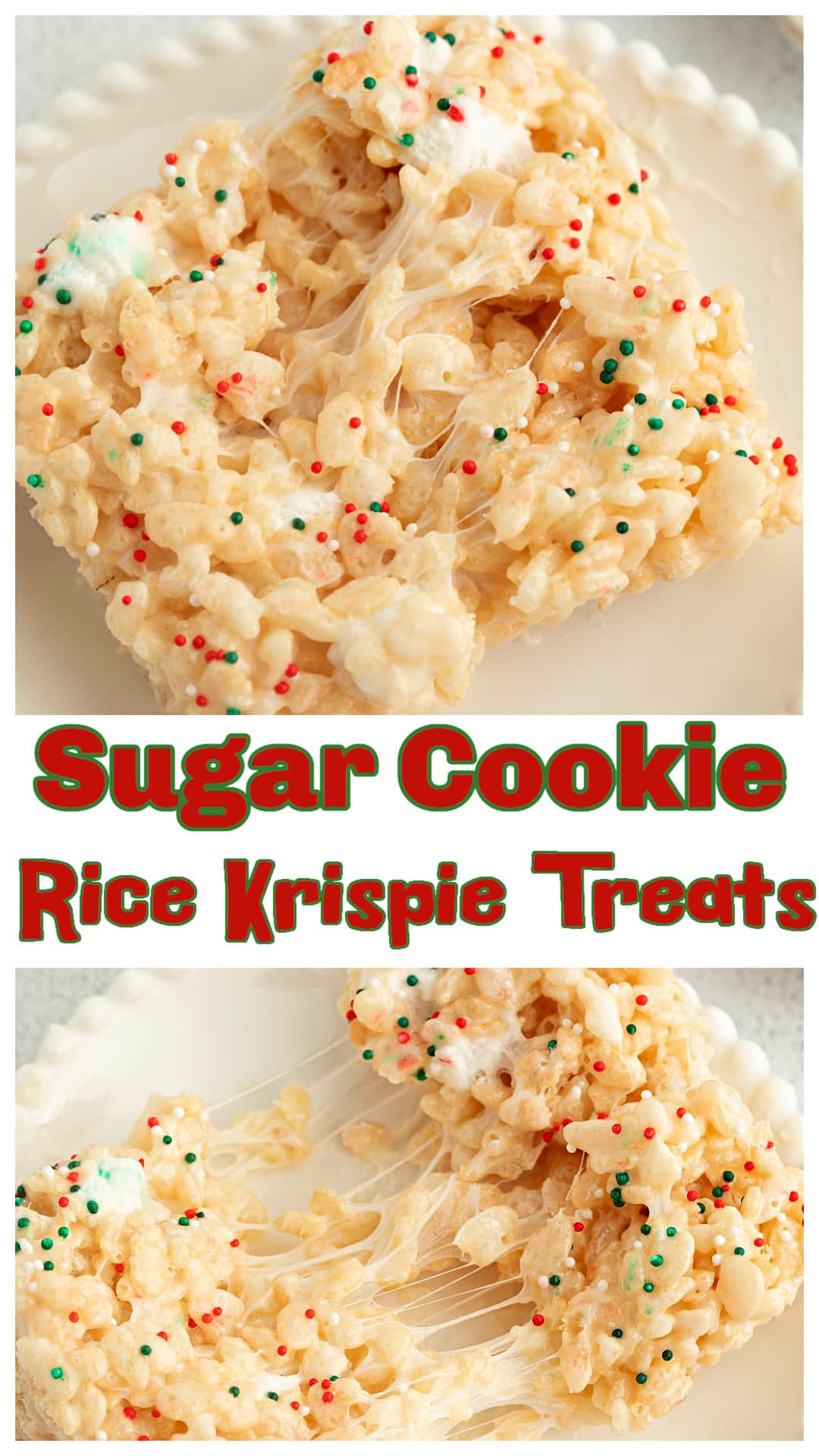 Christmas Sugar Cookie Rice Krispie Treats made with butter, vanilla, almond extract, and sugar cookie mix for classic sugar cookie flavor in a no-bake bar. Soft, gooey, and finished with holiday sprinkles, these Rice Krispie treats are easy to make, don’t require an oven, and are perfect for Christmas dessert trays, parties, and Santa plates. via @cmpollak1