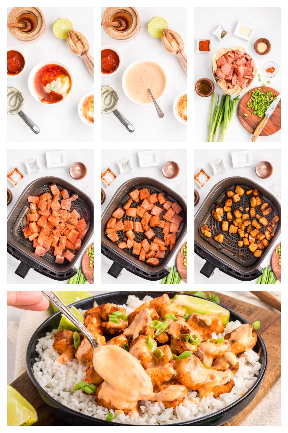 Step-by-step collage showing bang bang sauce mixed in a bowl, salmon cubes seasoned, salmon cooking in the air fryer basket, and sauce spooned over the cooked salmon bites.