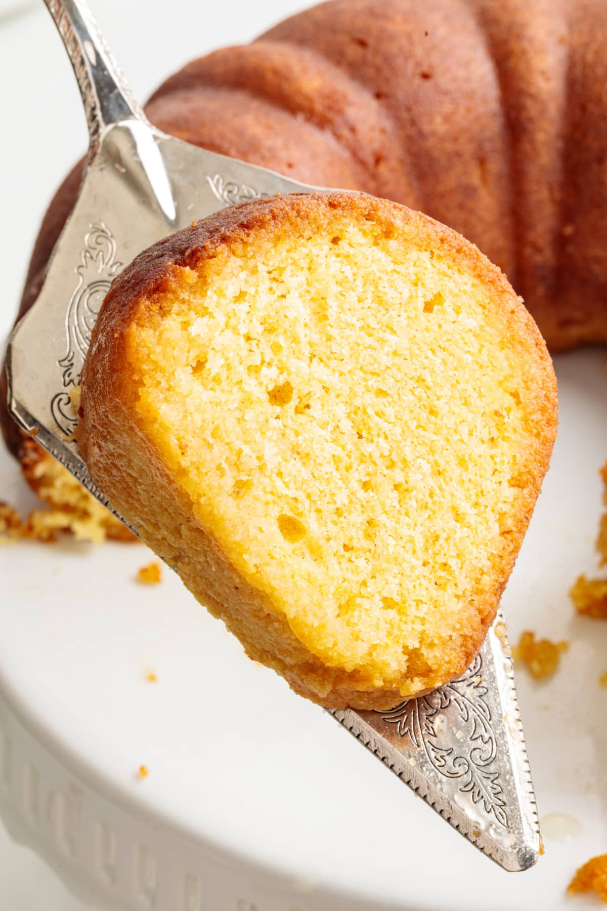 Italian Hangover Cake interior crumb Italian Hangover Cake slice lifted from the Bundt showing the dense citrus almond crumb.