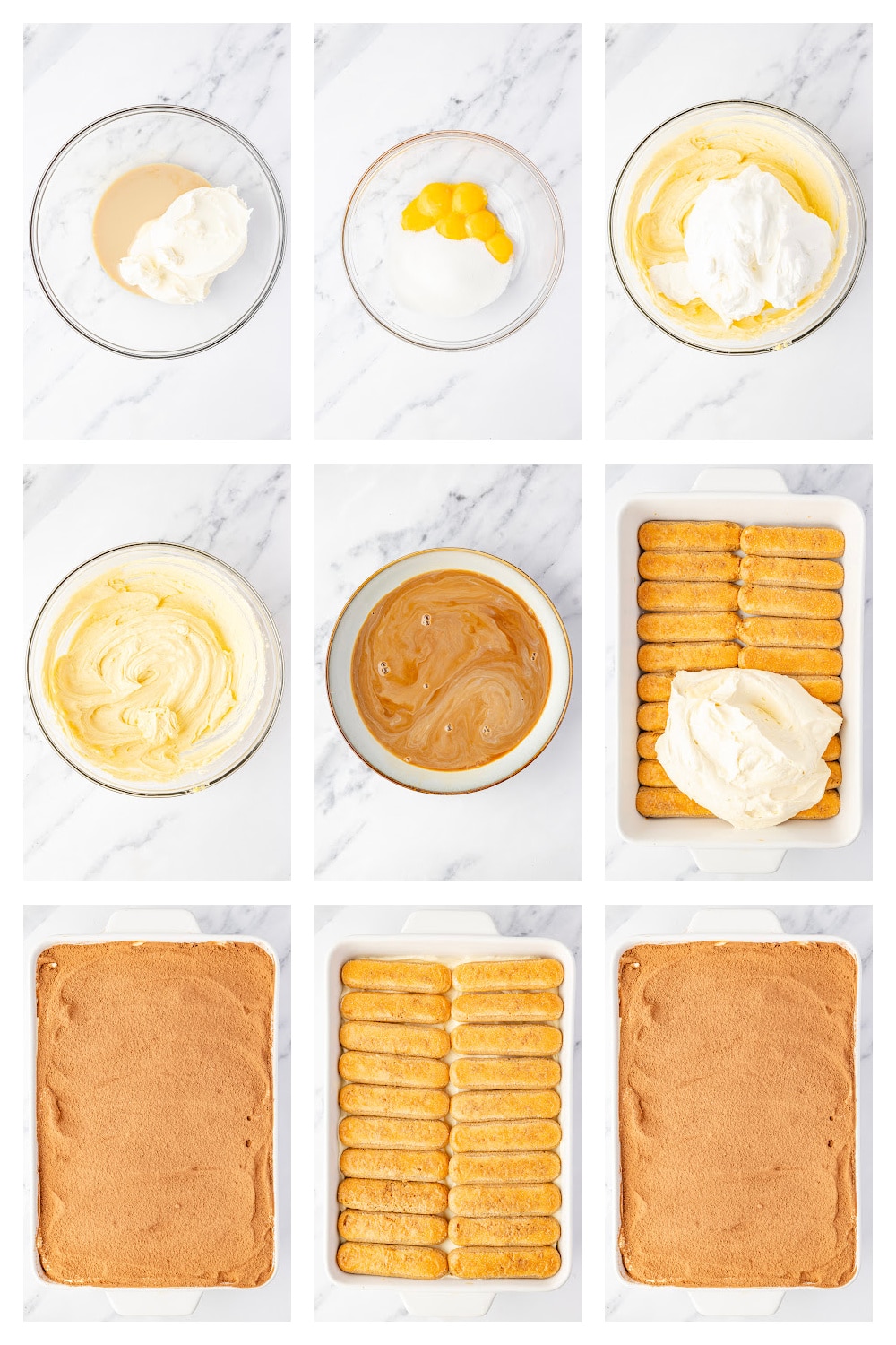 A step-by-step collage showing the process of making Baileys Irish Cream Tiramisu, from mixing the cream filling to assembling the final layers. Step-by-step collage showing how to make Baileys Irish Cream Tiramisu, from mixing mascarpone and eggs to layering espresso-soaked ladyfingers and finishing with cocoa powder.