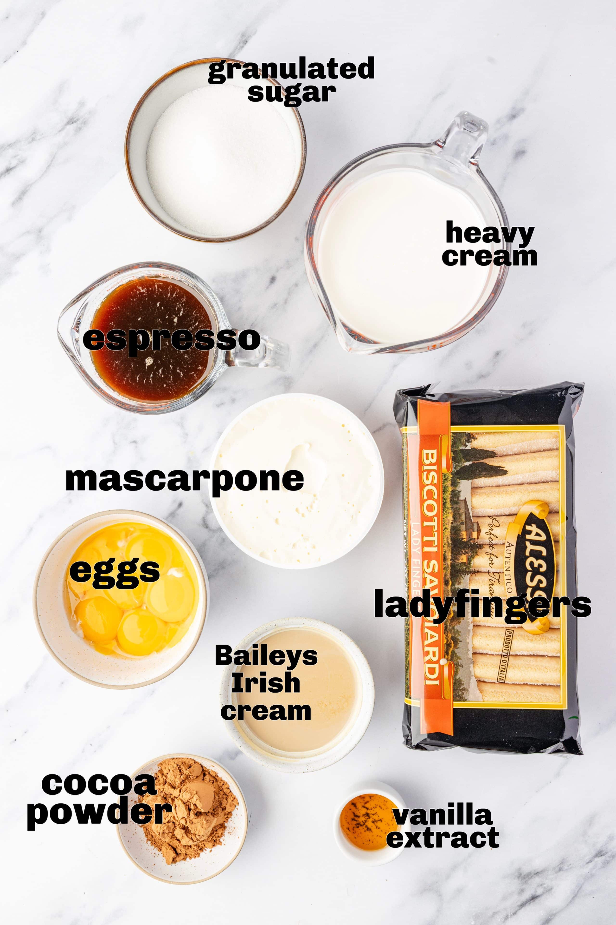 A labeled flat lay showing all of the ingredients needed to make tiramisu, including mascarpone, eggs, espresso, ladyfingers, cocoa powder, and Baileys Irish cream. Flat lay of tiramisu ingredients labeled on the image, including mascarpone, eggs, espresso, granulated sugar, heavy cream, ladyfingers, cocoa powder, vanilla extract, and Baileys Irish cream.