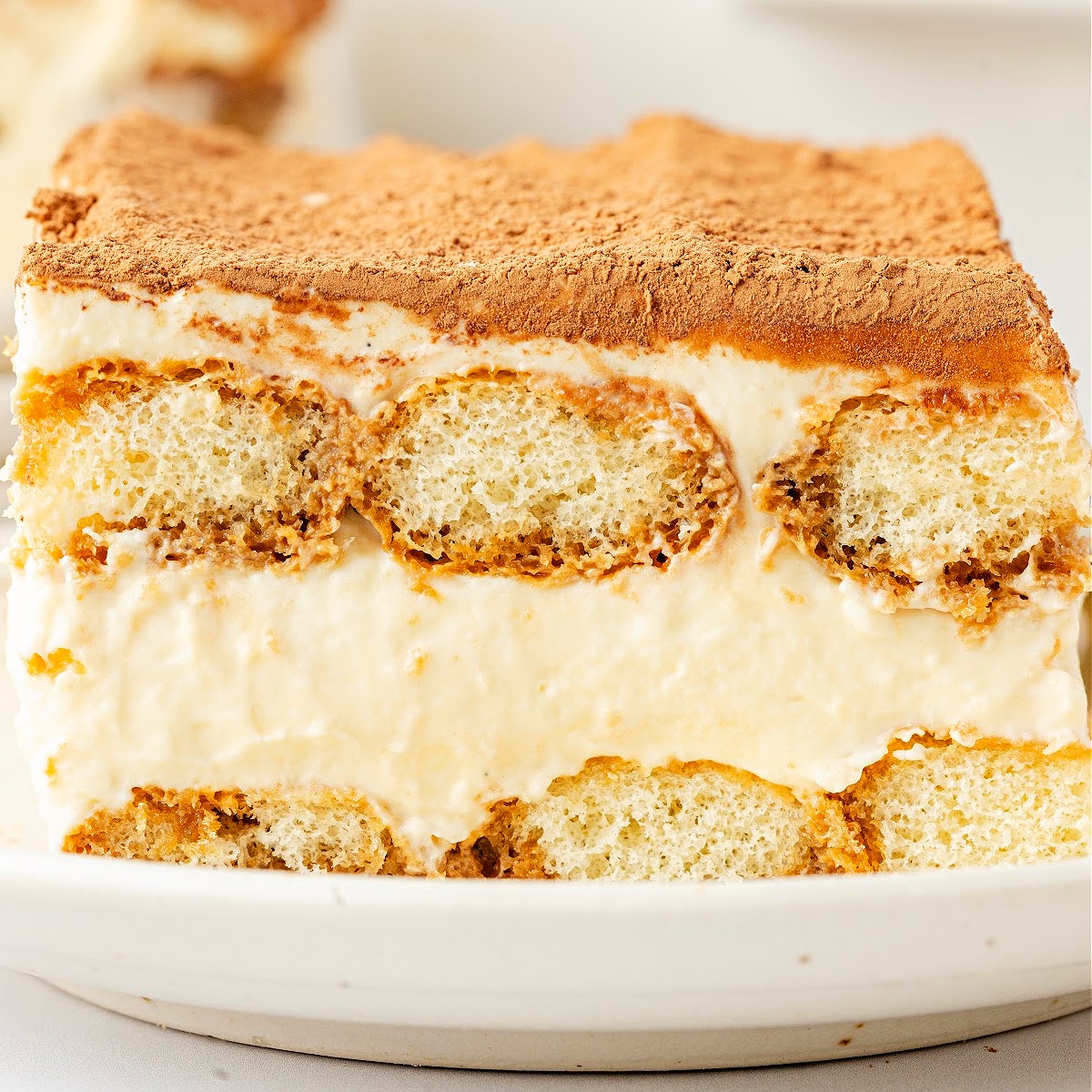Baileys Irish Cream Tiramisu with cocoa-dusted top and layered mascarpone filling.