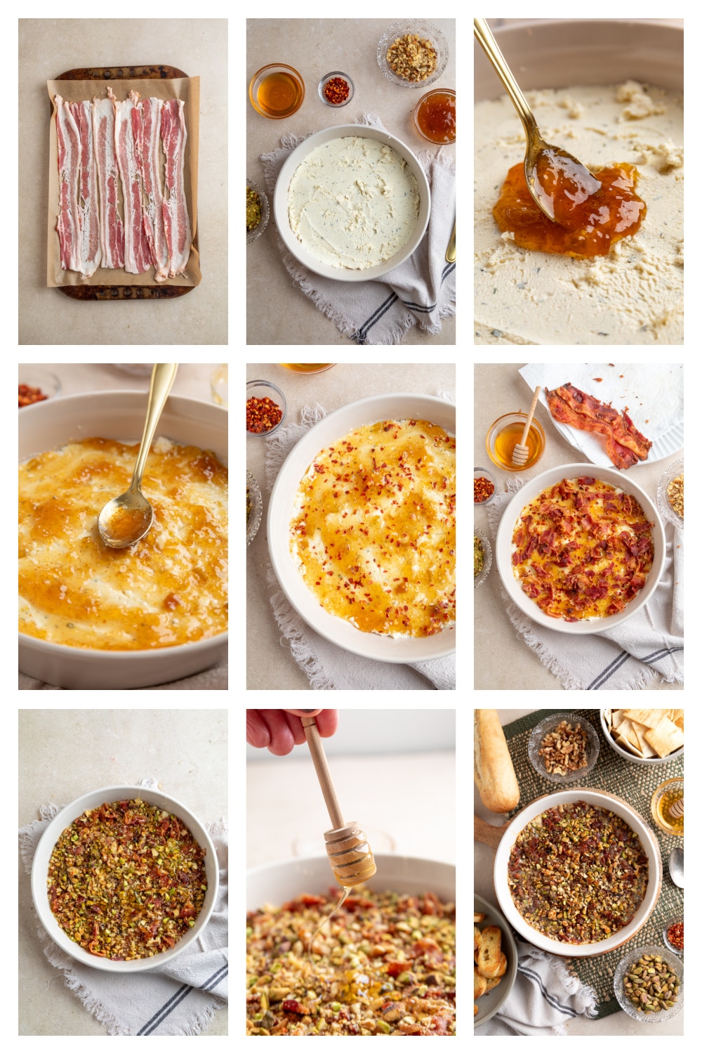 A step-by-step collage showing the process of assembling and baking Boursin Bacon Pistachio & Fig Dip from start to finish. Step-by-step process showing how to make Boursin Bacon Pistachio & Fig Dip, from cooking the bacon to layering the cheese, fig preserves, nuts, and hot honey.