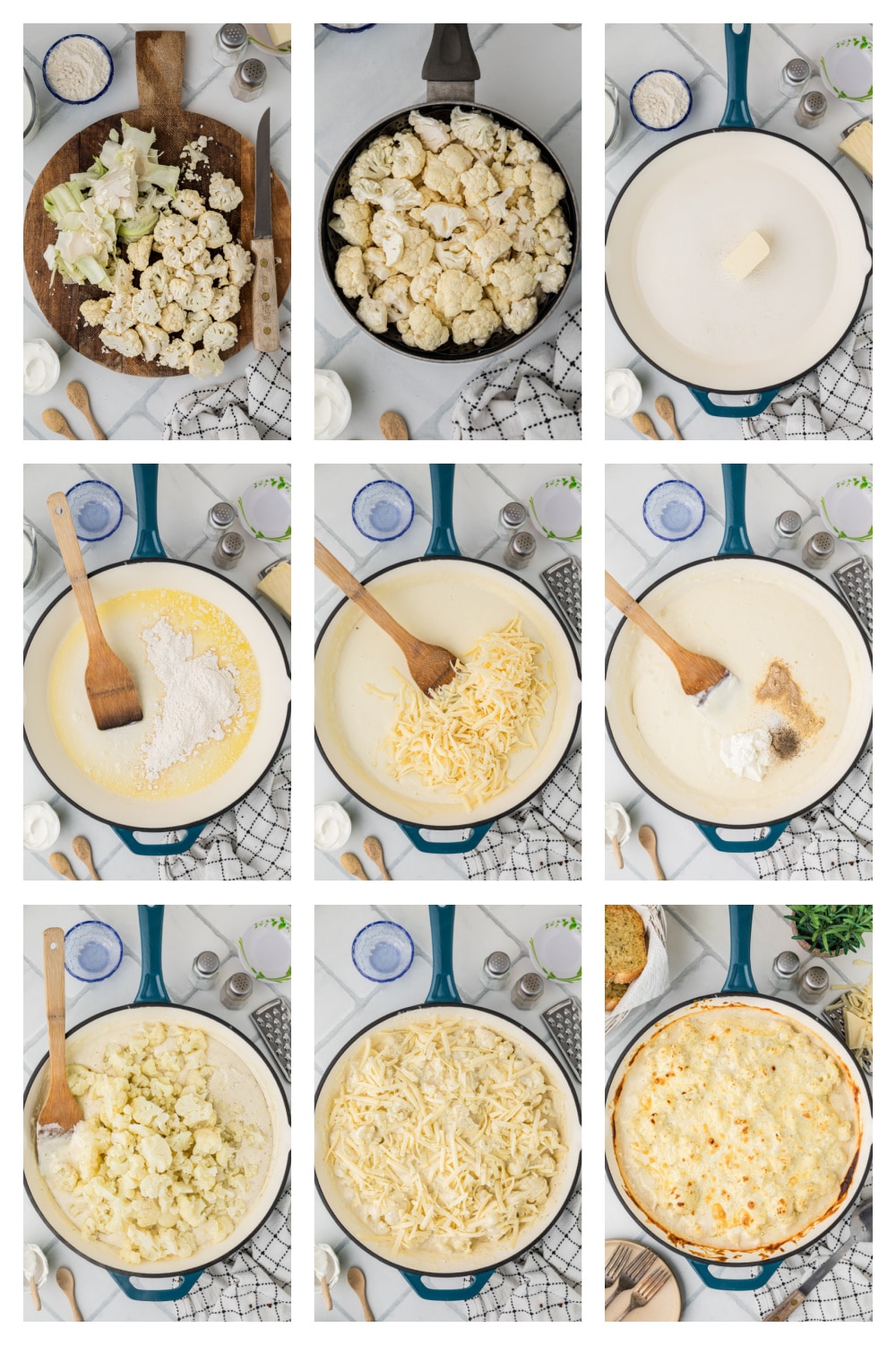 Step-by-step process showing cauliflower being chopped and steamed, butter melted in a skillet, flour whisked into a roux, cheese sauce stirred smooth, cauliflower folded into the sauce, topped with cheese, and baked until bubbling.
