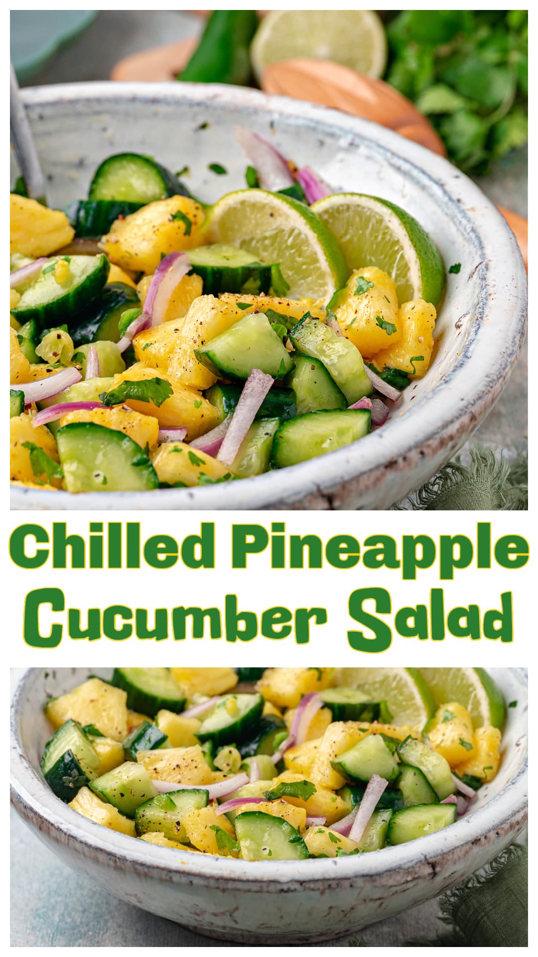 Chilled pineapple cucumber salad with fresh pineapple, crisp cucumbers, red onion, cilantro, and a lime-forward dressing. This easy summer salad is bright, refreshing, and quick to make, with a sweet-salty balance and a little heat if you want it. Perfect as a light side dish for grilled chicken, fish, tacos, or BBQs. Best served cold and made ahead for warm-weather meals. via @cmpollak1