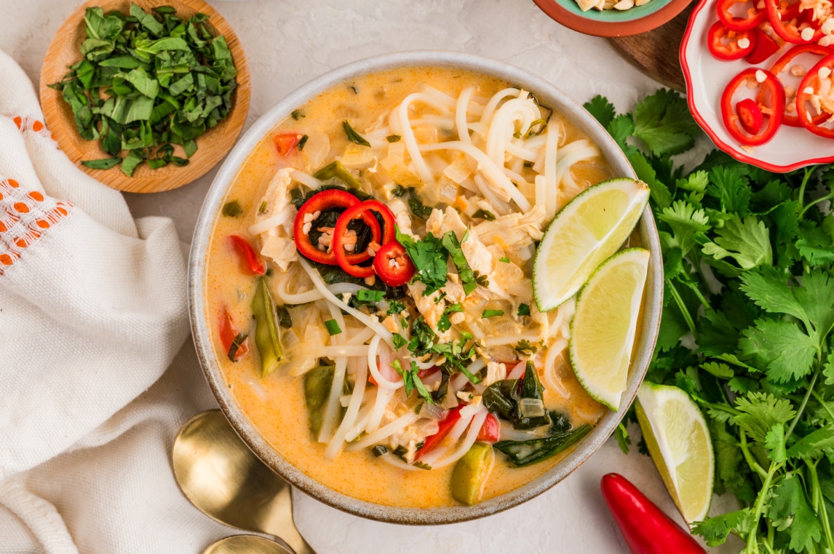 Coconut curry chicken soup with rice noodles, shredded chicken, snow peas, red bell pepper, fresh cilantro, sliced red chili, and lime wedges.