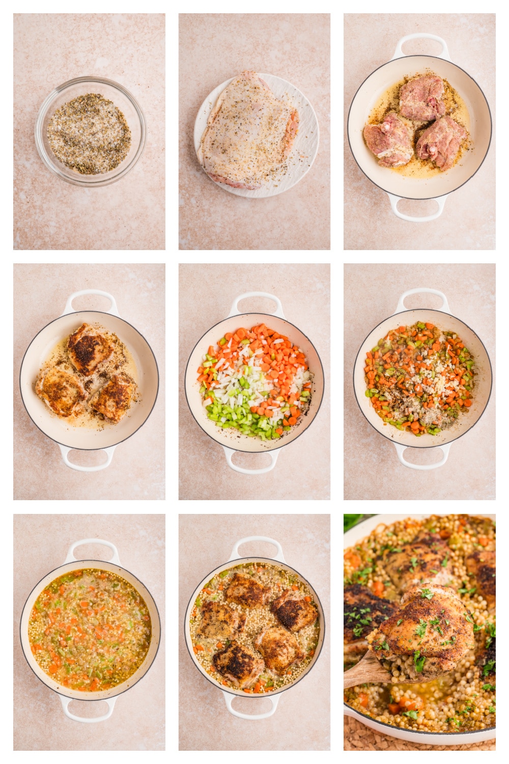 Step-by-step process showing seasoning chicken thighs, searing them in a braiser, cooking vegetables, adding couscous and broth, and returning the chicken to finish in the oven.