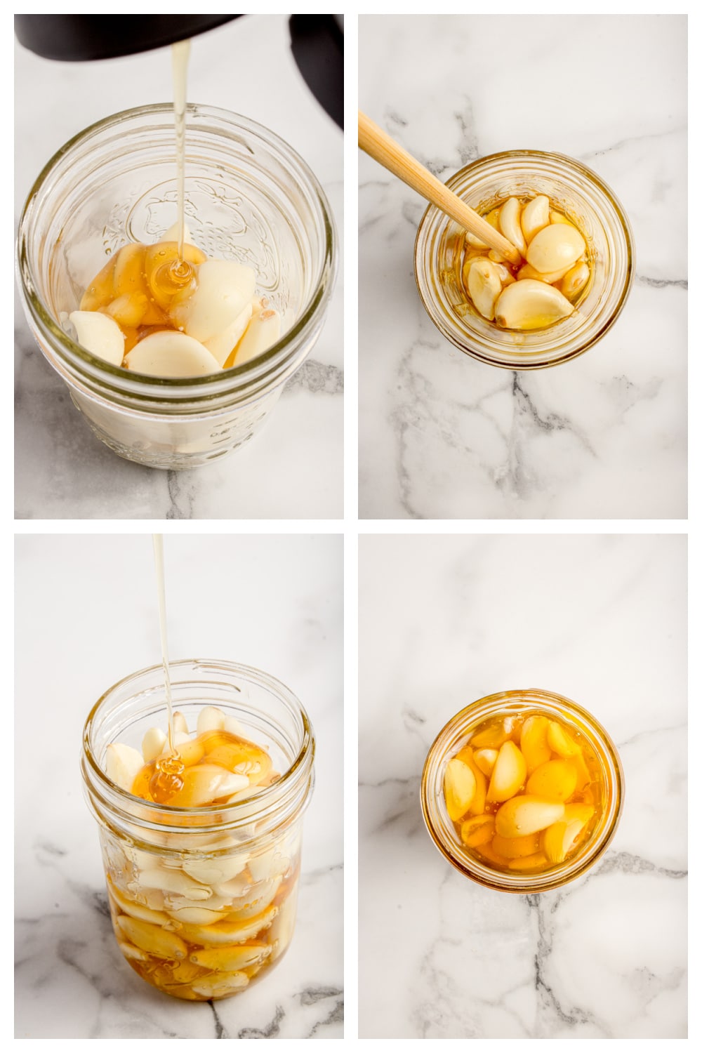 Garlic cloves covered with raw honey in a mason jar and gently stirred to release air before fermentation begins. Honey being poured over whole garlic cloves in a mason jar, with the cloves stirred and fully submerged during the fermentation setup process.