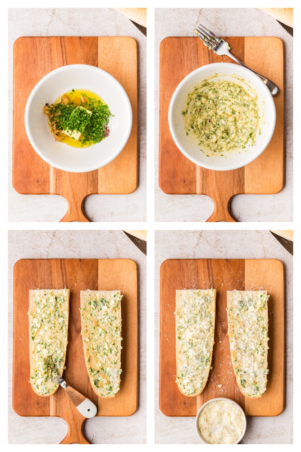 Step-by-step process showing garlic confit butter mixed and spread onto bread before air frying Steps for making air fryer garlic bread with garlic confit, from mixing the butter to spreading it on the bread
