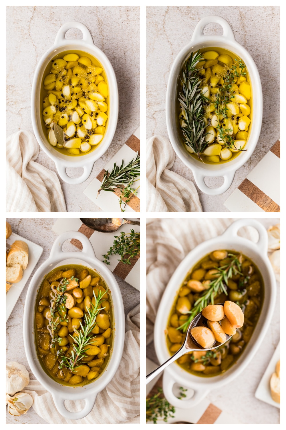 Peeled raw garlic cloves with olive oil, thyme, rosemary, bay leaf, kosher salt, and black peppercorns.