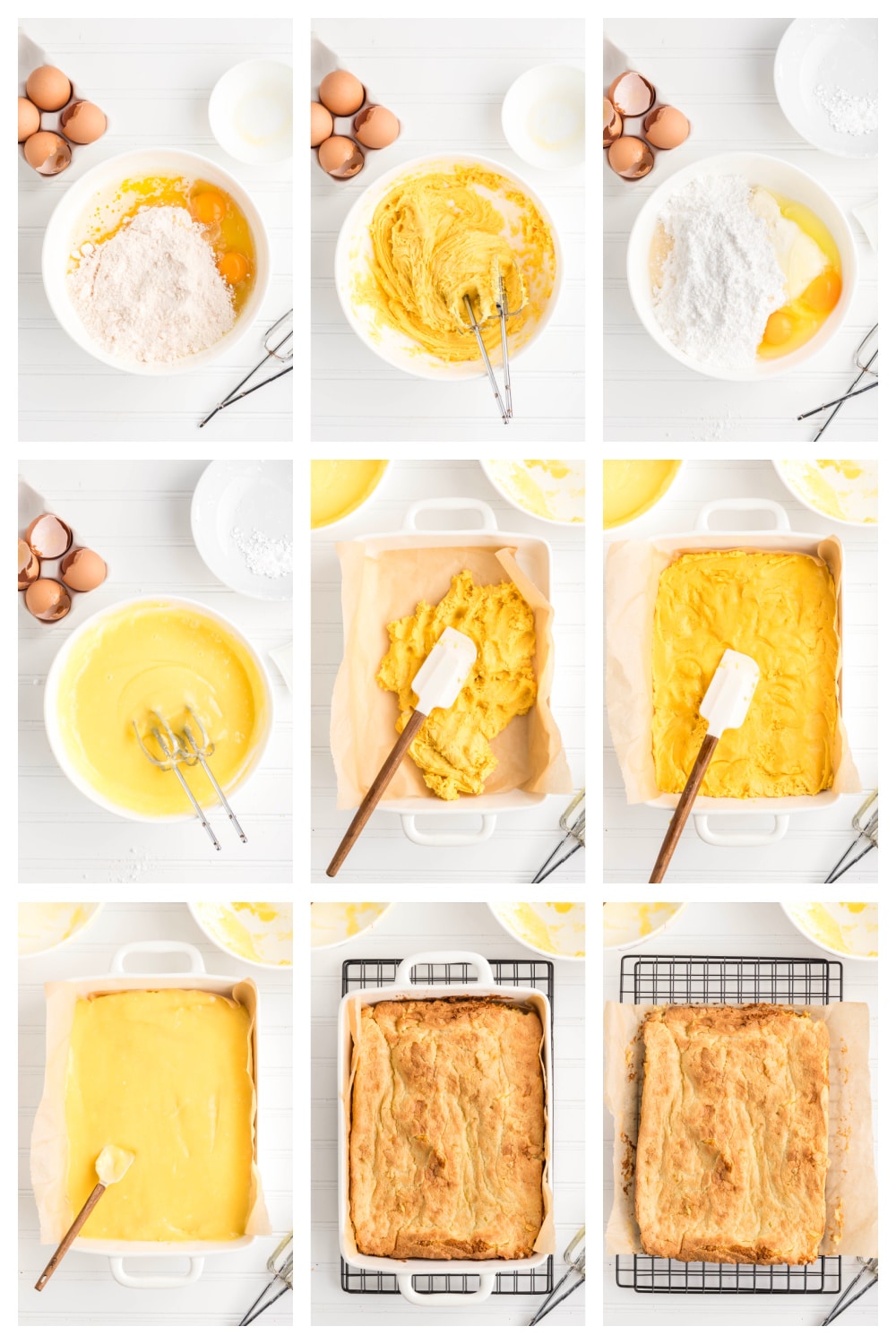 Mixing and spreading butter cake batter into a prepared baking pan. Step-by-step process showing the batter mixed and spread into a baking dish before baking.