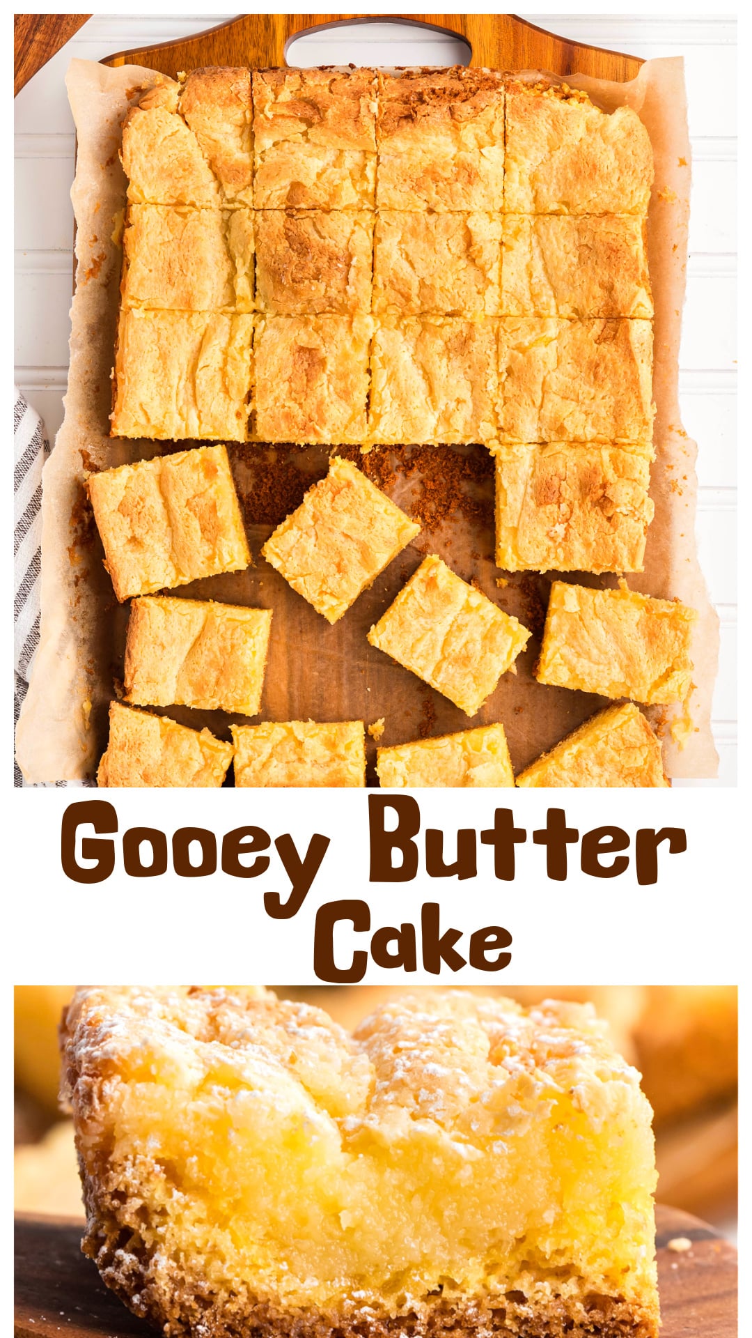 This gooey butter cake has a soft yellow cake base topped with a rich cream cheese layer and finished with a lightly crackled top. It bakes up creamy in the center without collapsing or drying out, making it ideal for potlucks, holidays, or make-ahead desserts. Made with cake mix, cream cheese, butter extract, and confectioners’ sugar, this classic gooey butter cake has the texture people expect with a balance that stays tender. via @cmpollak1