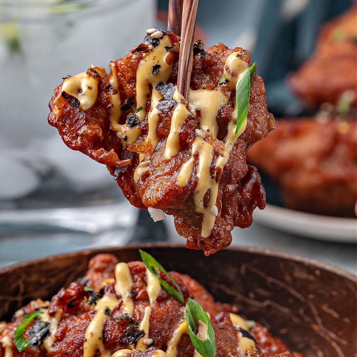 Hawaiian Mochiko Chicken with mango aioli drizzle