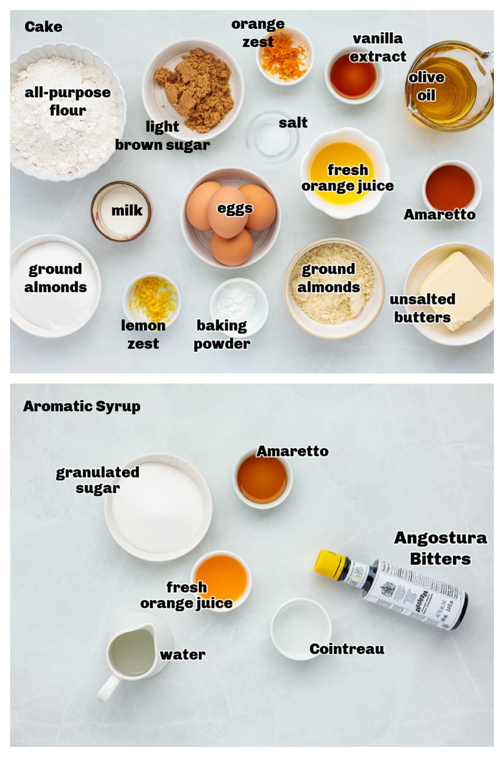 Almond citrus olive oil cake ingredients Ingredients for an almond citrus olive oil cake with Amaretto, Cointreau, and aromatic syrup components.
