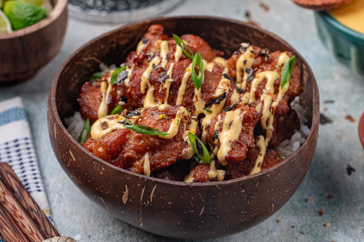 Mochiko fried chicken bowl with mango aioli crispy mochiko chicken over rice with mango aioli