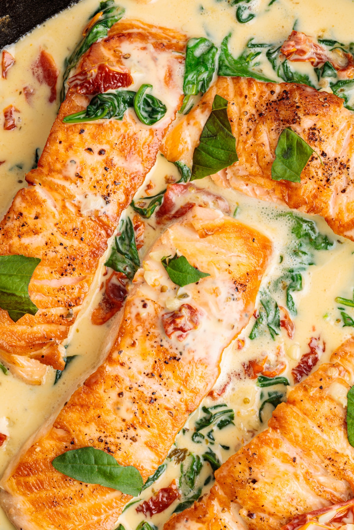 Golden seared salmon fillets finished in a creamy garlic sauce with sun-dried tomatoes and spinach in one pan. Marry Me Tuscan salmon seared until golden in a creamy garlic sauce with sun-dried tomatoes and wilted spinach.