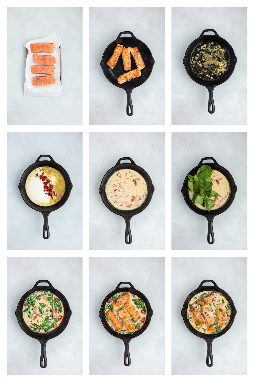 Step-by-step skillet process for making creamy Tuscan salmon from searing the fish to finishing it in the sauce. Step-by-step process showing salmon seared in a skillet, garlic butter cooking, cream sauce forming with sun-dried tomatoes, spinach wilting, and the salmon returned to the pan.