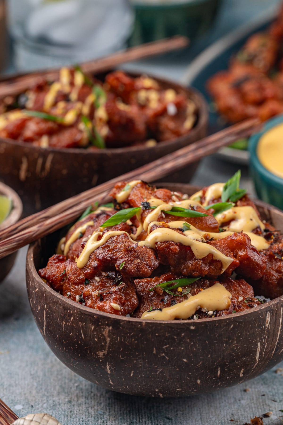 Hawaiian mochiko chicken bowl Hawaiian mochiko chicken with mango aioli and green onions