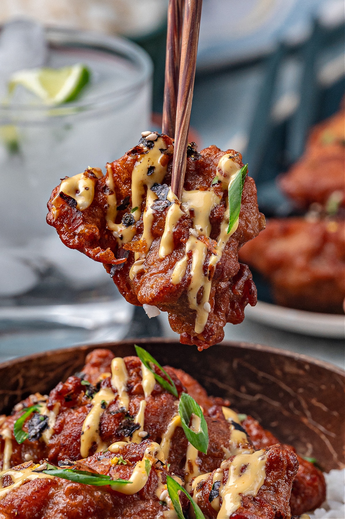 Crispy Hawaiian mochiko chicken with mango aioli Hawaiian mochiko chicken with mango aioli and furikake