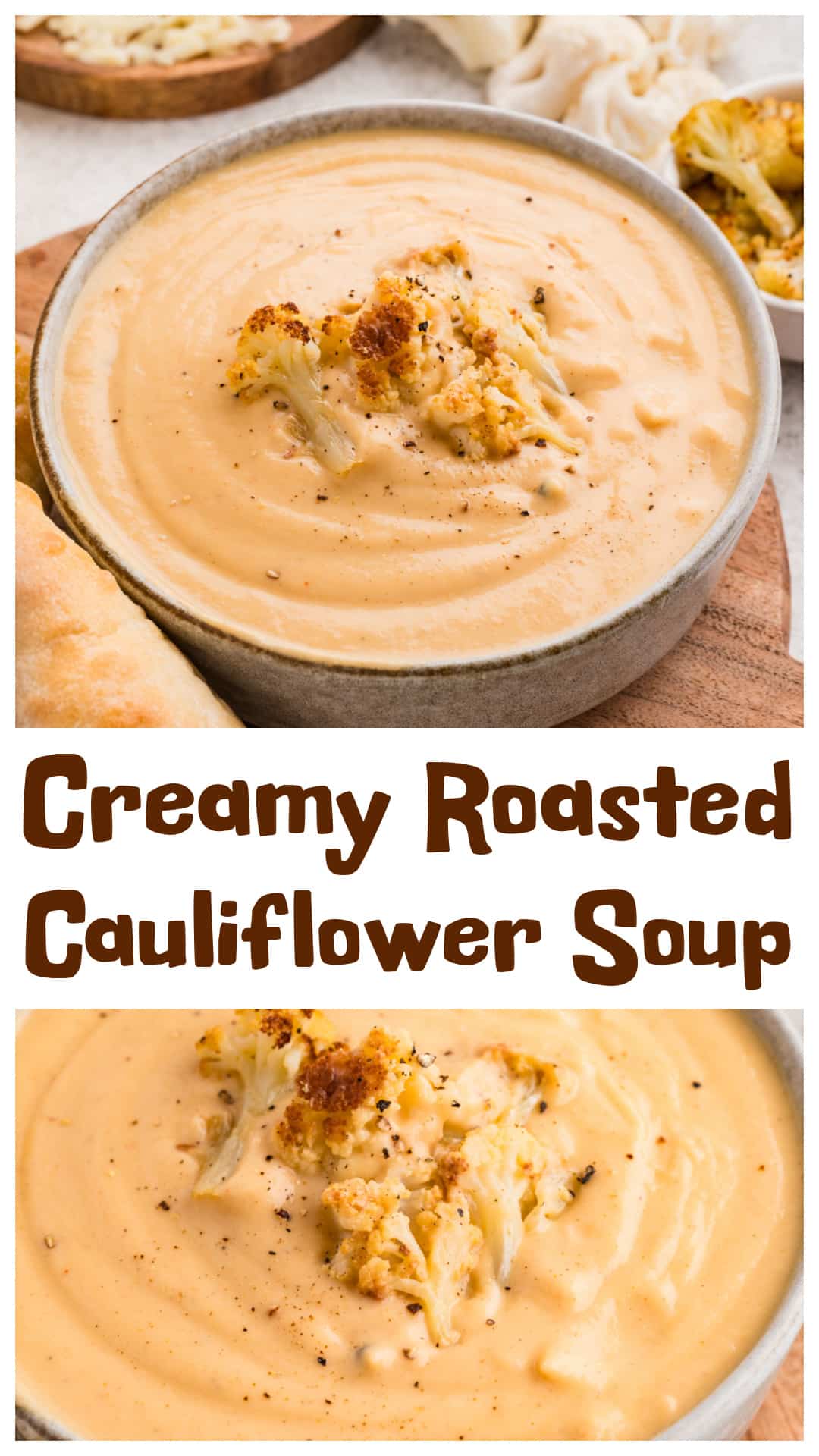 Roasted cauliflower soup made with caramelized florets, roasted garlic, and white cheddar. This creamy cauliflower soup is blended without cream and finished with reserved roasted pieces for texture. A vegetarian, gluten free soup that eats like a full meal. Oven roasted cauliflower builds depth and flavor, making this a cauliflower soup recipe worth repeating. Works with or without cheese. via @cmpollak1