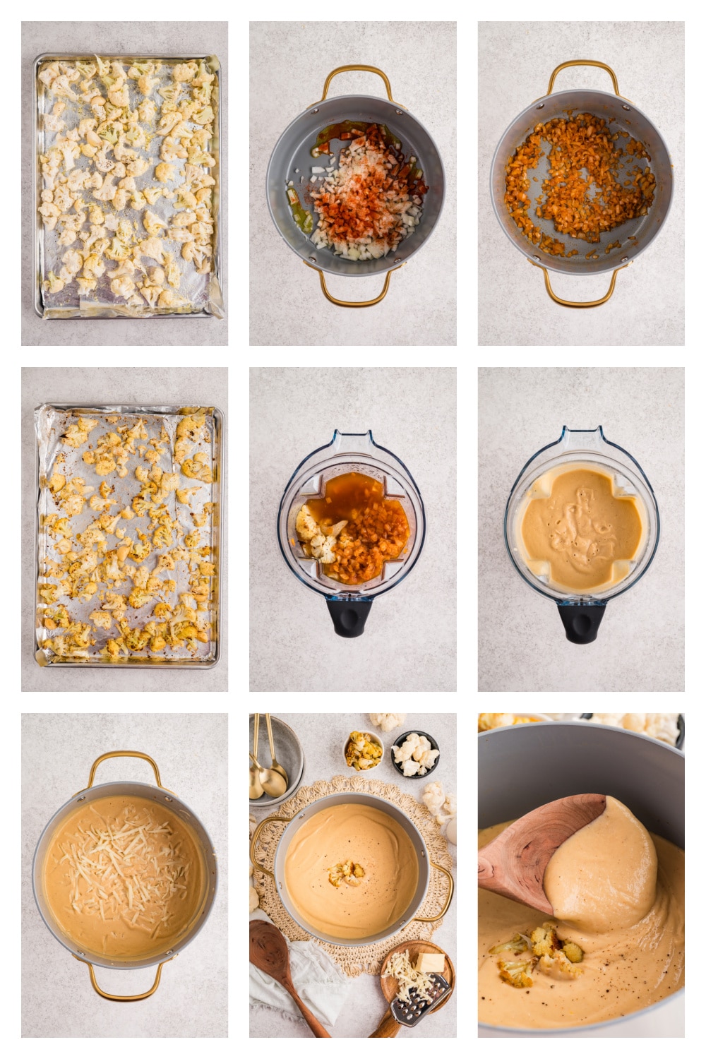 A step-by-step look at roasting cauliflower, blending the soup base, and finishing the soup with white cheddar cheese. Steps showing how cauliflower soup is made, including roasting cauliflower, sautéing onions with paprika, blending the soup, and stirring in white cheddar.