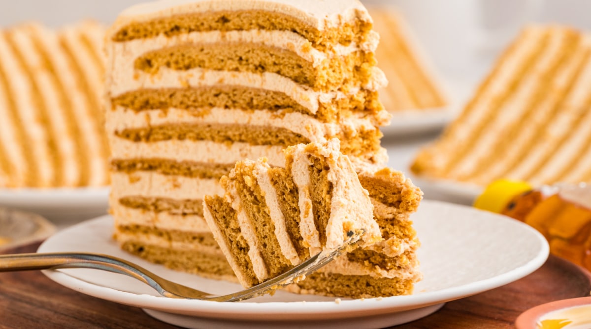 Russian honey cake showing thin baked layers and creamy frosting that softens as it chills.