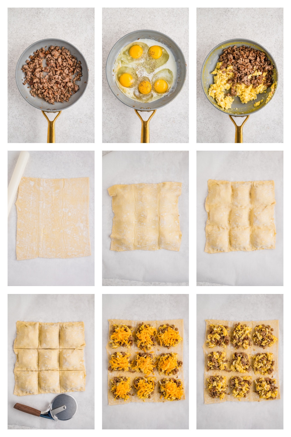 Step-by-step process showing how sausage, egg, and cheese breakfast pastries are assembled with puff pastry, from cooking the filling to sealing and cutting the pastries.