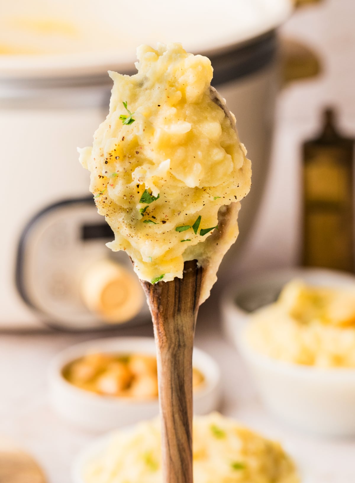 A spoonful of creamy mashed potatoes lifted from the slow cooker, showing a soft, smooth texture with light seasoning and herbs.