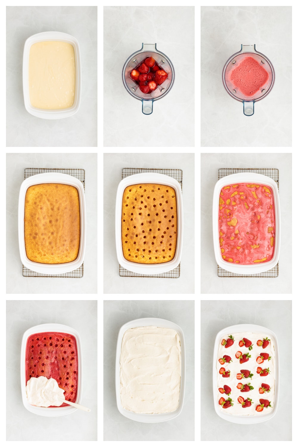 Step-by-step process showing how to make strawberry Jell-O poke cake, from mixing the filling and baking the cake to poking holes, pouring the strawberry mixture, frosting, and finishing with fresh strawberries.