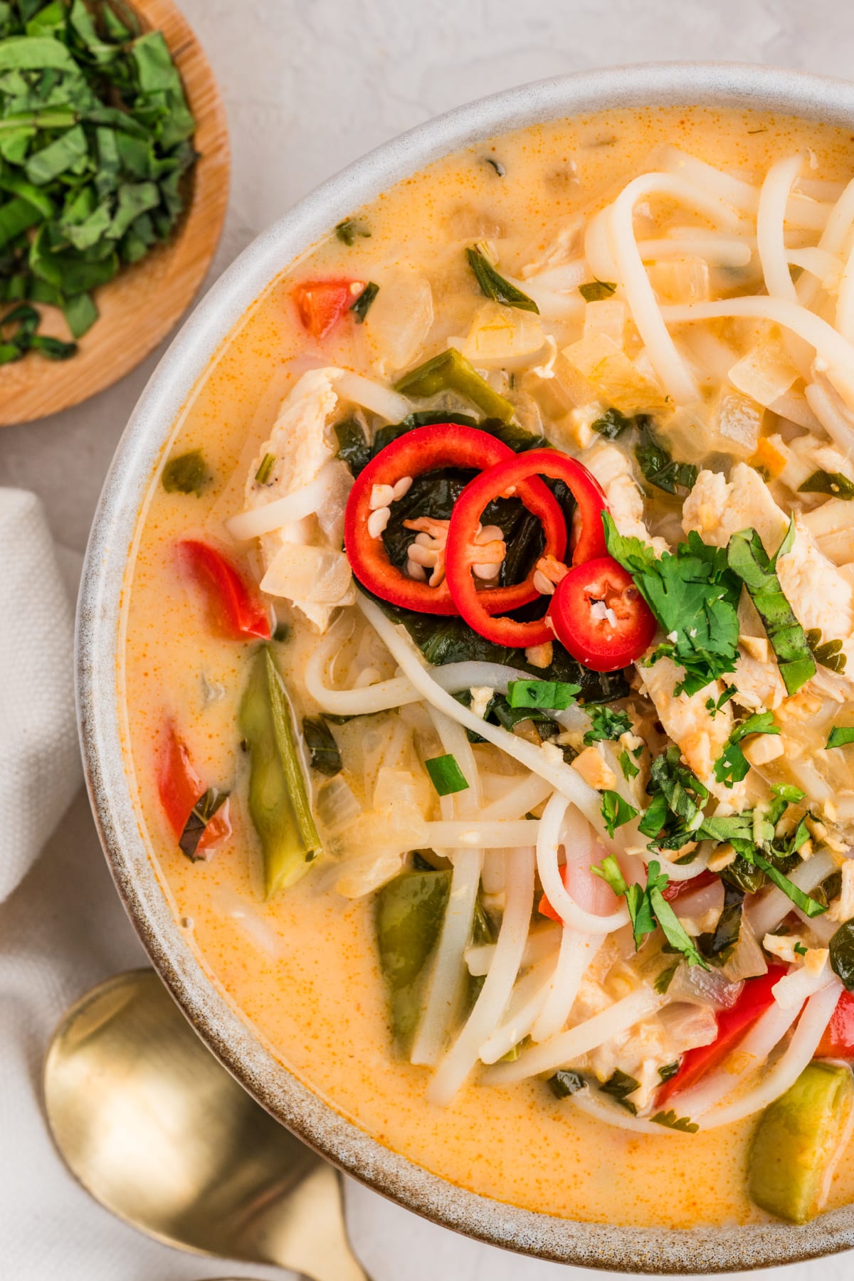 Thai chicken curry soup with coconut milk, rice noodles, shredded chicken, snow peas, red bell pepper, fresh herbs, and sliced red chili in a close-up bowl.
