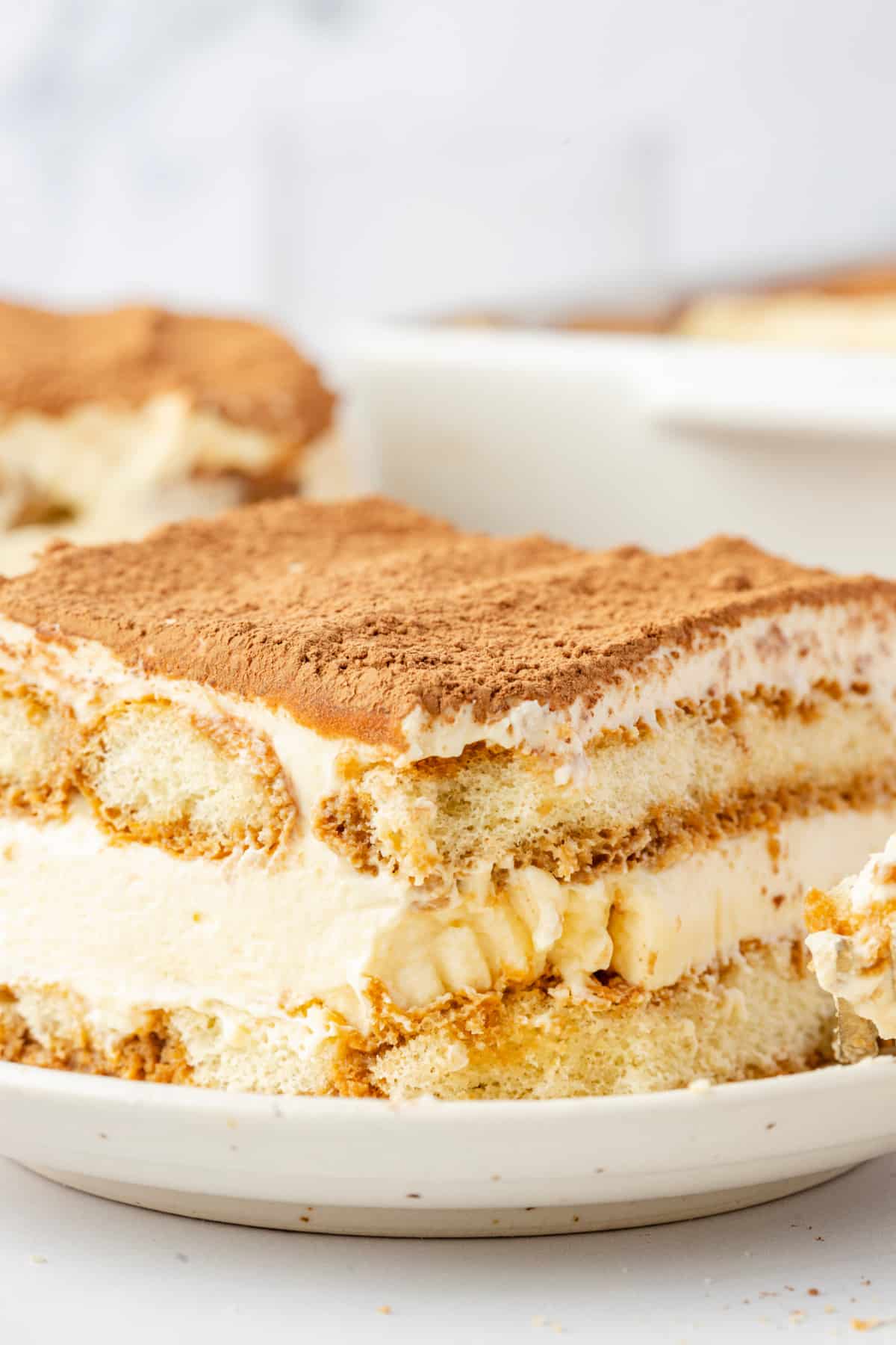A tight close-up of tiramisu layers with espresso-soaked ladyfingers, mascarpone cream, and cocoa powder on top. Close-up of tiramisu layers showing espresso-soaked ladyfingers and a thick mascarpone cream filling beneath a cocoa-dusted top.